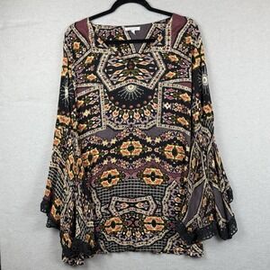 Patrons of Peace Boho Witchy Hippie Bell Flared Sleeve Mini Dress Geometric Sz L